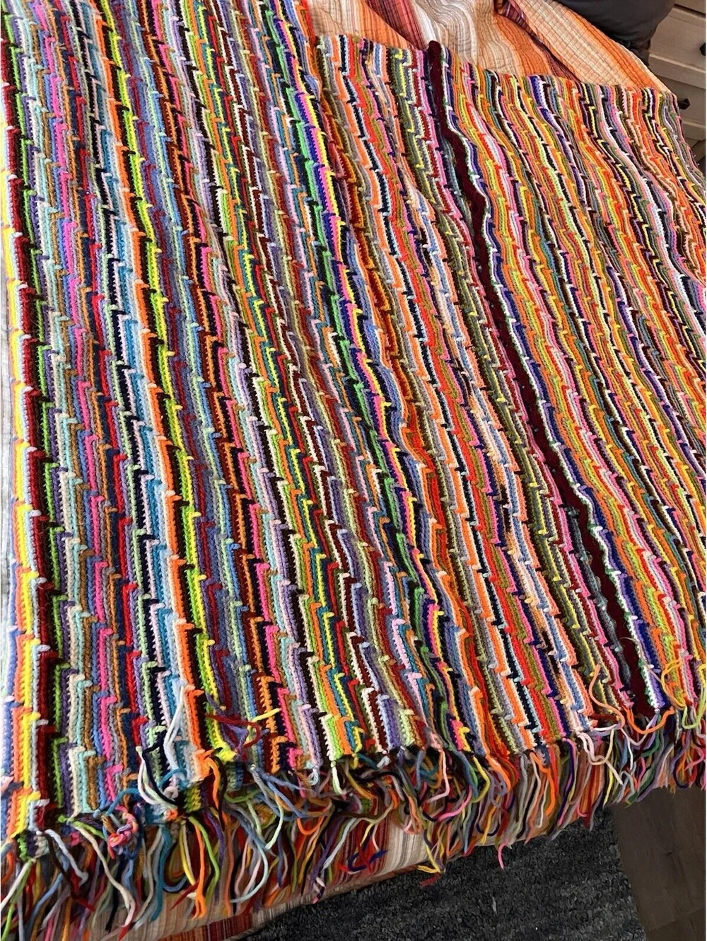 Large Knit Handmade Crocheted Afghan Blanket Rainbow Multi Color 80x92 Inch Vtg